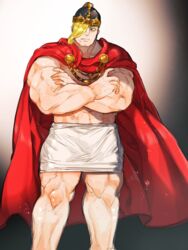  1boy abs ares_(shuumatsu_no_valkyrie) bara blonde_hair blue_eyes cape closed_mouth commentary_request crossed_arms helmet highres male_focus mature_male muscular muscular_male navel red_cape shiratori_yokikana shuumatsu_no_valkyrie solo 