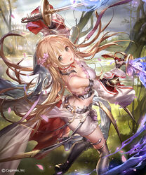  arms_up blonde_hair brown_eyes choker detached_sleeves dionne_(shadowverse) female floating_hair flower frilled_choker frills hair_flower hair_ornament holding holding_sword holding_weapon liiko long_hair looking_at_viewer official_art open_mouth shadowverse skirt solo sword weapon 