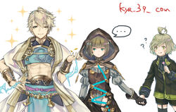  3boys ? ahoge aladdin_(sinoalice) armor blonde_hair blue_eyes blunt_bangs bob_cut breastplate brown_hair candy choker closed_mouth clueless food green_eyes green_hair gretel_(sinoalice) holding holding_candy holding_food holding_hands hood hood_up jacket jealous kyashii_(a3yu9mi) lollipop looking_at_another looking_at_viewer male_focus multicolored_hair multiple_boys otoko_no_ko pinocchio_(sinoalice) short_hair shorts signature simple_background sinoalice smile sparkle thighhighs twitter_username two-tone_hair white_background zettai_ryouiki 