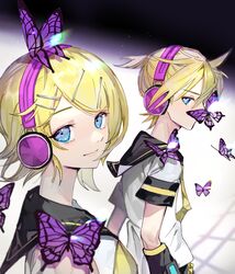  1boy arm_warmers black_shorts blonde_hair blue_eyes bug butterfly butterfly_on_nose butterfly_on_shoulder collared_shirt commentary female hair_ornament hairclip headphones highres kagamine_len kagamine_rin light_smile lips looking_at_viewer looking_to_the_side migikata_no_chou_(vocaloid) neckerchief necktie purple_butterfly sailor_collar school_uniform shirt short_hair short_ponytail short_sleeves shorts soyaka spiked_hair standing swept_bangs upper_body vocaloid white_shirt yellow_neckerchief yellow_necktie 