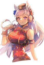  animal_ears blue_ribbon blunt_bangs blurry breasts buttons chiro_(chi-bu-ko) cropped_torso depth_of_field dress female gloves gold_ship_(umamusume) grey_hair hair_ribbon highres horse_ears horse_girl long_hair pillbox_hat purple_eyes red_dress red_ribbon ribbon simple_background sleeveless sleeveless_dress solo tongue tongue_out umamusume upper_body 