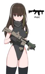  assault_rifle bad_gun_anatomy bebetang breasts brown_eyes brown_hair cursed_m4a1_(meme) female girls&#039;_frontline green_hair grey_leotard gun highleg highleg_leotard highres holding holding_gun holding_weapon large_breasts leotard leotard_sweater long_hair m4a1_(girls&#039;_frontline) mask meme multicolored_hair ribbed_leotard rifle skull_mask solo standing streaked_hair thighhighs weapon white_background 