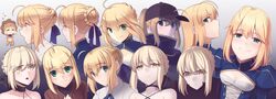  =_= absurdres ahoge animal_costume armor artoria_pendragon_(fate) baseball_cap black_choker blonde_hair blue_dress blush boa_(brianoa) braid braided_bun breasts brown_sweater chibi choker cleavage_cutout closed_mouth clothing_cutout commentary dark_persona dress expressions eyes_visible_through_hair fate/grand_order fate/stay_night fate/tiger_colosseum fate_(series) gradient_background green_eyes grey_background grey_headwear hair_bun hair_ribbon happy hat highres lion_costume long_hair looking_at_viewer multiple_persona mysterious_heroine_x_(fate) open_mouth parted_lips profile purple_ribbon ribbon saber_(fate) saber_alter saber_lion sidelocks small_breasts smile sweater symbol-only_commentary turtleneck wide-eyed yellow_eyes 