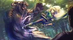  1boy :o animal attack battle bear blonde_hair boots breasts cape cayna_(leadale_no_daichi_nite) elf female flying_kick forest green_eyes green_jacket hairband highres jacket kicking knee_boots leadale_no_daichi_nite long_sleeves looking_at_another medium_breasts medium_hair nature novel_illustration official_art open_mouth outdoors pants pointy_ears pouch rider_kick shockwave speed_lines teeth tenmaso upper_teeth_only v-shaped_eyebrows 