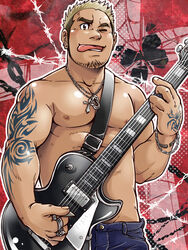  1boy bara commentary_request electric_guitar facial_hair gibson_les_paul guitar instrument jewelry large_pectorals male_focus mature_male muscular muscular_male necklace nipples open_mouth original pectorals solo suv_(suv032) tattoo tongue tongue_out topless_male 