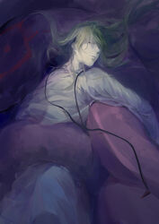  1boy absurdres bed blanket commentary_request enkidu_(fate) fate/grand_order fate_(series) green_hair highres kingu_(fate) long_hair looking_at_viewer lying male_focus on_back pillow purple_eyes solo very_long_hair white2013 