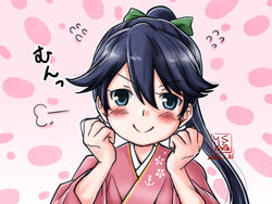  anchor_symbol artist_name black_hair blue_eyes clenched_hand commentary_request dated ei_ei_mun! female floral_print flying_sweatdrops ganbaru_pose houshou_(kancolle) japanese_clothes kantai_collection kimono kutone_shirika long_hair looking_at_viewer pink_kimono ponytail solo tasuki umamusume upper_body 