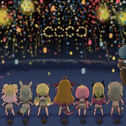  6+girls aerial_fireworks ahoge aki_rosenthal alternate_costume amane_kanata angel angel_wings animal animal_ears ark_survival_evolved blonde_hair blue_hair bow character_name chibi colored_inner_hair commentary demon_girl demon_horns demon_tail demon_wings detached_hair diagonal-striped_bow diagonal_stripes double_bun dragon_girl dragon_horns dragon_tail english_commentary fireworks flower fox_girl fox_tail from_behind gorilla gradient_hair grey_hair hair_bun hair_flower hair_ornament halo headgear holding_hands hololive horn_bow horn_ornament horns human_chain kiryu_coco lion_ears lion_girl lion_tail long_hair low_twintails mixed-language_commentary momosuzu_nene multicolored_hair multiple_girls night night_sky omaru_polka orange_hair outdoors pink_hair riding saiguchi_otoufu sakura_miko shishiro_botan shit short_hair sky standing star_halo striped striped_bow tail twintails two-tone_hair two_side_up virtual_youtuber wings yuzuki_choco 