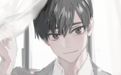  1boy bad_id bad_twitter_id closed_mouth collared_shirt grey_eyes grey_hair grey_jacket hand_up head_tilt hirota_tsuu jacket looking_at_viewer male_focus original portrait shirt smile solo white_shirt wing_collar 