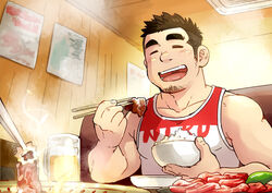  1boy bara brown_hair character_request commentary_request eating facial_hair food goatee indoors large_pectorals long_sideburns male_focus muscular muscular_male original pectorals red_tank_top short_hair sideburns sidepec solo suv_(suv032) tank_top thick_eyebrows white_tank_top 