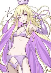  bikini blonde_hair breasts choker closed_mouth colored_inner_hair cowboy_shot crown elbow_gloves female garter_belt gloves hand_on_own_hip hand_up highres long_hair looking_at_viewer michitaro_smile multicolored_hair navel original purple_bikini purple_choker purple_eyes purple_gloves purple_hair simple_background small_breasts solo sparkle swimsuit symbol-shaped_pupils tongue tongue_out very_long_hair white_background 