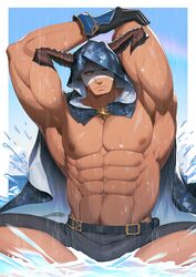  1boy abs absurdres armpits bad_id bad_pixiv_id bandaged_head bandages bara belt black_belt black_gloves black_male_swimwear blue_cape cape closed_mouth draph gloves granblue_fantasy highres horns large_pectorals male_focus male_swimwear muscular muscular_male navel nipples official_alternate_costume one_eye_closed pectorals solo splashing topless_male vaseraga vaseraga_(summer)_(granblue_fantasy) water zhuganchangjiadan 