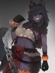  abs animal_ear_fluff animal_ears animal_hands black_hair black_sclera black_scrunchie black_skin breasts chains colored_sclera colored_skin commentary commission dark-skinned_female dark_skin dog_ears dog_tail eris_(indian_summer) eyes_visible_through_hair fangs female fur_collar gradient_background grey_background grin hair_over_one_eye hellhound_(monster_girl_encyclopedia) highres large_breasts leash long_hair midriff monster_girl monster_girl_encyclopedia muscular muscular_female one_eye_covered pelvic_curtain pov red_eyes scrunchie simple_background skeb_commission smile solo tail teeth viewer_on_leash yonaga_san 