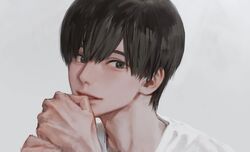  1boy bad_id bad_twitter_id brown_eyes brown_hair close-up grey_background hair_between_eyes highres hirota_tsuu looking_at_viewer male_focus original portrait realistic shirt simple_background smile solo usuzumi_kei white_shirt 