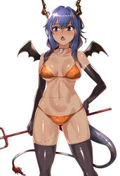  arknights bare_shoulders bikini black_gloves blue_eyes blue_hair blush breasts ch&#039;en_(arknights) choker collarbone commentary_request cowboy_shot dark-skinned_female dark_skin dragon_horns dragon_tail elbow_gloves fake_wings female gloves hair_between_eyes highres holding holding_weapon horns large_breasts long_hair moto_toshi navel orange_bikini polearm simple_background solo standing stitches stomach swimsuit tail thighhighs thighs trident weapon white_background wings 