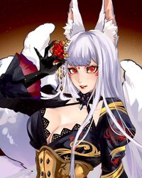  animal_ear_fluff animal_ears black_dress black_gloves breasts cleavage dress female fingernails flower fox_ears fox_girl gloves hair_flower hair_ornament highres large_breasts long_hair long_sleeves looking_at_viewer nijisanji nijisanji_en nina_kosaka nina_kosaka_(2nd_costume) parted_lips red_eyes red_flower sharp_fingernails solo upper_body virtual_youtuber white_hair wide_sleeves zheng_wu 