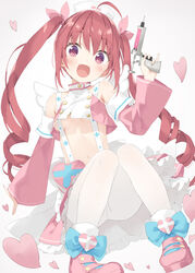  :d ahoge angel_wings arm_up armpit_crease bare_shoulders blue_bow blush bow breasts commentary_request crop_top cross_print crotch_seam curly_hair detached_sleeves dot_nose eyes_visible_through_hair fake_wings female floating_hair footwear_bow frills full_body grey_background hair_between_eyes hair_ribbon hat hazuki_watora head_tilt heart heart_print high_collar highres holding holding_syringe kani_biimu knees_together_feet_apart knees_up long_hair long_sleeves looking_at_viewer midriff miniskirt muted_color navel nurse nurse_cap oerba_yun_fang open_mouth original pantyhose petticoat pink_footwear pink_ribbon pink_skirt pink_sleeves pleated_skirt print_headwear purple_eyes red_hair revealing_clothes ribbon ringlets shiny_skin shoes sidelocks simple_background skin_fang skirt sleeveless small_breasts smile solo stomach suspender_skirt suspenders syringe syringe_gun twintails underboob upskirt very_long_hair vignetting white_hat white_pantyhose white_wings wide_sleeves wings wrist_extended zipper zipper_pull_tab 