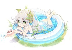  ass barefoot dress feet female genshin_impact gradient_hair grass green_eyes green_hair grey_hair hair_ornament legs long_hair lying multicolored_hair nahida_(genshin_impact) on_stomach outdoors partially_submerged side_ponytail soles solo sundress teeth toes toro_astro two-tone_hair wading_pool water watering_can wet wet_clothes wet_dress white_dress 