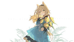  animal_ear_fluff animal_ears arknights bahao_diqiu black_choker black_hairband blonde_hair blush bouquet choker commentary dog_ears dog_tail dress female flower frilled_dress frills green_dress green_eyes hair_between_eyes hairband head_tilt highres holding holding_bouquet long_hair looking_at_viewer official_alternate_costume plant podenco_(arknights) podenco_(wake_up_from_a_nap)_(arknights) simple_background smile solo symbol-only_commentary tail upper_body white_background yellow_flower 