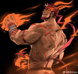  1boy absurdres back bandaged_arm bandages bara beard black_background cowboy_shot demon_horns demon_tail dopey_(dopq) evil_smile facial_hair fiery_horns flaming_eye flaming_hand from_behind headband highres horns indie_virtual_youtuber looking_at_viewer male_focus monster_boy monsterification muscular muscular_male orange_eyes powering_up red_headband ryuugen_drake second-party_source sharp_teeth smile smirk solo tail teeth topless_male turning_head virtual_youtuber 