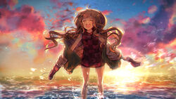  ahoge blonde_hair blunt_bangs blush closed_eyes facing_viewer female hair_ribbon happy holding holding_shoes hood hood_down jacket kyashii_(a3yu9mi) low_twintails reality_arc_(sinoalice) red_riding_hood_(sinoalice) ribbon shoes sinoalice sky solo splashing star_(sky) sunset twintails wading wavy_hair 