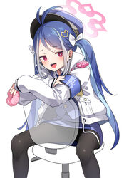  :d antenna_hair armband badge black_pantyhose blue_archive blue_hair blue_headwear blue_necktie blue_skirt blue_vest blush bow chair collared_jacket collared_shirt crossed_arms doughnut feet_out_of_frame female food fubuki_(blue_archive) grey_hair hair_ornament hairbow halo heart heart_hair_ornament high_collar highres holding holding_food jacket kandori long_hair looking_at_viewer multicolored_hair necktie pantyhose parted_bangs pencil_skirt red_eyes shirt simple_background sitting sitting_backwards skirt smile smug solo streaked_hair twintails vest walkie-talkie white_background white_bow white_jacket white_shirt 