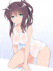  aqua_eyes blush breasts brown_hair cameltoe covered_nipples female highres long_hair looking_at_viewer medium_breasts one-piece_swimsuit original ponytail pool poolside school_swimsuit see-through smile solo swimsuit wanaca wet wet_clothes white_one-piece_swimsuit 