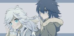  2boys absurdres black_hair blue_eyes blush brothers bubble_tea coat collared_shirt cup disposable_cup drink drinking_straw fur-trimmed_coat fur_trim hair_between_eyes highres holding holding_cup hood hood_down hooded_coat iwakiyamayukisatoshironanogojuurokushi_akira iwakiyamayukisatoshironanogojuurokushi_yui kemono_jihen long_hair long_sleeves looking_at_viewer male_focus medium_hair multiple_boys otoko_no_ko parted_lips serihara shirt siblings smile thick_eyebrows twins upper_body white_hair 