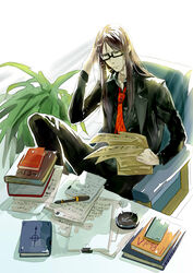  1boy absurdres ashtray black_hair book cigarette commentary_request desk fate/grand_order fate_(series) formal glasses hand_in_own_hair highres long_hair lord_el-melloi_ii male_focus necktie papers pixiv_fate/grand_order_contest_1 plant reading smoking solo suit waver_velvet white2013 