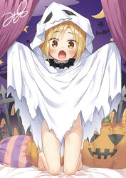  :o ass_visible_through_thighs barefoot blonde_hair blush brown_eyes commentary curtains eyes_visible_through_hair female fence full_body ghost_costume halloween highres hood hooded_robe jack-o&#039;-lantern kneeling looking_at_viewer naked_robe no_panties oerba_yun_fang original outstretched_arms pillow robe signature solo spread_arms star_(symbol) white_robe yukino_minato 