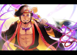  1boy abs bara beard blush brown_hair commentary_request earrings facial_hair hat jewelry large_pectorals letterboxed long_sideburns magatama male_focus manboobs mature_male muscular muscular_male navel necklace ookuninushi_(p&amp;d) open_clothes open_mouth pectorals puzzle_&amp;_dragons scar short_hair sideburns smile solo suv_(suv032) 