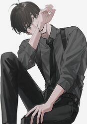  1boy black_hair black_necktie black_pants commentary_request grey_background grey_eyes grey_shirt head_tilt hirota_tsuu long_sleeves looking_at_viewer male_focus necktie original pants shirt simple_background sitting solo usuzumi_kei 