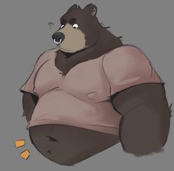  anthro bear belly big_belly brown_body brown_fur clothed clothing facial_piercing fur grey_background hi_res male mammal minedoo moobs navel nose_piercing nose_ring overweight overweight_anthro overweight_male piercing ring_piercing simple_background solo tight_clothing 