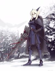  armor armored_boots artoria_pendragon_(fate) artoria_pendragon_(lancer_alter)_(fate) black_cape blonde_hair boa_(brianoa) boots braid braided_bun cape day dress fate/grand_order fate_(series) female fur_trim gorget hair_bun highres holding holding_sword holding_weapon horns lance legs_apart looking_at_viewer outdoors pale_skin parted_lips polearm purple_dress rhongomyniad_(fate) scabbard sheath sheathed sidelocks snow solo standing sword tree weapon yellow_eyes 