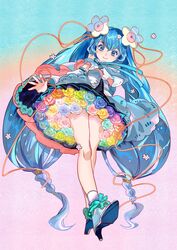  aqua_eyes aqua_flower aqua_hair aqua_ribbon black_skirt blue_flower cape colorful commentary detached_sleeves dress_flower female flower flower-trimmed_dress flower_underskirt from_below full_body green_flower hair_flower hair_ornament hatsune_miku high_heels highres jamjar10161764 long_hair looking_at_viewer magical_mirai_(vocaloid) magical_mirai_miku magical_mirai_miku_(2021) miniskirt orange_flower pink_flower pleated_skirt purple_flower rainbow_order red_flower red_ribbon ribbon shirt skirt smile solo twintails very_long_hair vocaloid white_flower white_footwear white_shirt white_sleeves yellow_flower 