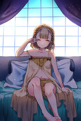  barefoot bed bed_sheet blonde_hair bloomers blunt_bangs blush bow braid briar_rose_(sinoalice) closed_mouth crop_top curtains female kyashii_(a3yu9mi) looking_at_viewer navel one_eye_closed pajamas pillow rubbing_eyes shorts sinoalice solo underwear window yellow_eyes yellow_shorts 