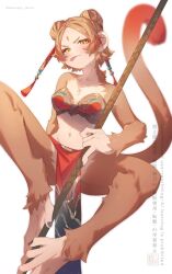  body_fur breasts brown_fur brown_hair commentary_request double_bun female full_body furry furry_female hair_bun highres holding holding_staff kawarage_yatano looking_at_viewer monkey_girl monkey_tail original pelvic_curtain short_hair simple_background solo staff tail tongue tongue_out white_background yellow_eyes 