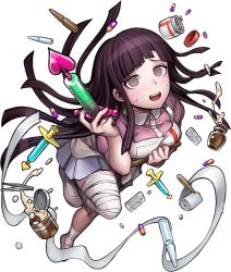  :d apron bandaged_leg bandages black_hair blush bottle breast_press breasts collared_shirt danganronpa_(series) danganronpa_2:_goodbye_despair female heart holding holding_syringe large_breasts long_hair looking_at_viewer mole mole_under_eye official_art oshiro_project:re pill pink_shirt shirt shoes smile socks solo sweat syringe transparent_background tsumiki_mikan two-tone_shirt white_apron white_shirt 