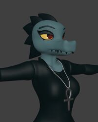  3d_(artwork) anthro bea_santello blue_body clothed clothing cosmicbyte crocodile crocodilian crocodylid digital_media_(artwork) female grey_background jewelry necklace night_in_the_woods red_eyes reptile scalie sharp_teeth simple_background solo t-pose teeth unfinished yellow_sclera 