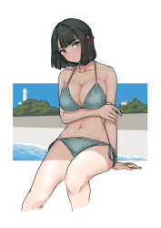  3: absurdres alternate_costume bikini black_hair blue_bikini blunt_bangs blunt_ends border breasts cleavage closed_mouth collarbone commentary cropped_legs female flower flower_knot green_eyes hair_flower hair_ornament halterneck hand_on_own_arm highres large_breasts link!_like!_love_live! love_live! momose_ginko navel outside_border pondo_(peng-model) short_hair side-tie_bikini_bottom sitting solo stomach swimsuit virtual_youtuber white_border 