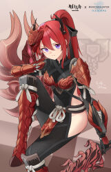  absurdres arknights armor armored_boots black_gloves black_horns boots chinese_commentary closed_mouth commentary_request copyright_name female foot_out_of_frame gloves groin hair_between_eyes hair_intakes highres holding holding_sword holding_weapon horns jiuyu_qame knee_boots leg_armor leg_up long_hair looking_at_viewer mask mask_on_head monster_hunter:_world monster_hunter_(series) monster_hunter_world:_iceborne ponytail purple_eyes red_hair shoulder_armor sitting smile solo surtr_(arknights) sword vambraces weapon 