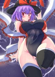  artist_name black_hat black_one-piece_swimsuit black_thighhighs blurry blurry_background blush bow breasts commentary_request commission competition_swimsuit female frilled_shawl frills groin hat hat_bow jyaoh0731 large_breasts lightning looking_at_viewer nagae_iku one-piece_swimsuit pixiv_commission purple_hair red_bow red_eyes shawl short_hair swimsuit thighhighs touhou variant_set 