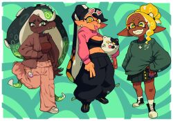  +_+ 3girls alternate_costume black_hair black_pants blonde_hair breasts brown_shirt callie_(splatoon) cleavage cleavage_cutout clothing_cutout commentary dark-skinned_female dark_skin domino_mask ear_piercing earrings frye_(splatoon) gradient_hair green_eyes green_hair green_shirt green_skirt grey_footwear heart heart-shaped_eyewear highres inkling inktaru jewelry large_breasts long_hair long_sleeves looking_at_viewer marina_(splatoon) mask midriff mole mole_under_eye multicolored_hair multiple_girls navel necklace octoling pants parted_lips piercing pink-tinted_eyewear pleated_skirt pointy_ears shirt shoes skirt smile splatoon_(series) splatoon_1 splatoon_2 splatoon_3 standing strapless suction_cups tentacle_hair tinted_eyewear tongue tongue_out tube_top very_dark_skin very_long_hair white_pants wide_shot yellow_eyes 