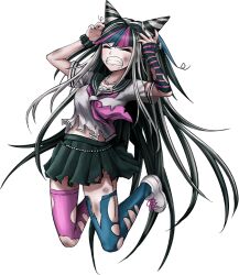  black_hair black_nails black_skirt blue_hair clenched_teeth closed_eyes danganronpa_(series) danganronpa_2:_goodbye_despair female green_thighhighs grey_shirt hair_horns hands_up long_hair miniskirt mioda_ibuki multicolored_hair nail_polish neckerchief official_art oshiro_project:re piercing pink_hair pink_neckerchief pink_thighhighs pleated_skirt scar scar_on_leg school_uniform shirt shoes short_sleeves skirt solo teeth thighhighs torn_clothes torn_shirt torn_thighhighs white_hair 