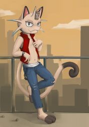  anthro bottomwear briefs chains city city_background clock clothed clothing coin denim denim_bottomwear denim_clothing digital_media_(artwork) digital_painting_(artwork) fan_character felid feline fur generation_1_pokemon grey_body grey_fur hi_res jeans leaning leaning_backward male mammal meowth midriff nintendo open_clothing open_topwear open_vest pants pesets pokemon pokemon_(species) sagging_pants shirtless skinny sky slim solo tan_body tan_fur teeth_showing tighty_whities topwear torn_bottomwear torn_clothing torn_jeans torn_pants underwear vest watch white_body white_briefs white_clothing white_fur white_underwear wristwatch yellow_sky 