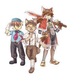  anthro blonde_hair brown_hair clothing crossover cyberconnect2 eyewear fuga:_melodies_of_steel gesture goggles group hair hat headgear headwear little_tail_bronx male malt_marzipan melee_weapon necktie p1c0_p1c0 red_savarin salute smile solatorobo suspenders sword tail_concerto trio waffle_ryebread weapon 