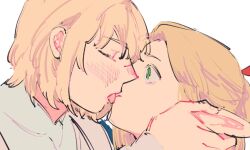  2girls blonde_hair blush bright_pupils closed_eyes dohwa110 dungeon_meshi elf falin_touden falin_touden_(tallman) from_side green_eyes hand_on_another&#039;s_ear licking licking_another&#039;s_face licking_another&#039;s_lips long_hair looking_at_another marcille_donato multiple_girls pointy_ears short_hair simple_background upper_body white_background white_pupils yuri 