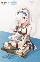  absurdres animal_ears arknights armor aurora_(arknights) bare_shoulders between_legs blue_eyes blue_hairband blush character_request check_character chinese_commentary closed_mouth commentary_request copyright_name eyes_visible_through_hair female full_body hair_over_one_eye hairband hand_between_legs hand_up highres indian_style jiuyu_qame knee_pads kunai long_hair looking_at_viewer monster_hunter:_world monster_hunter_(series) monster_hunter_world:_iceborne sitting sleeveless smile solo spiked_hairband spikes strap thigh_armor vambraces weapon white_hair zoom_layer 