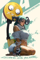  a.b.a arm_support bags_under_eyes bare_shoulders barefoot breasts character_name closed_mouth crop_top english_commentary female fingerless_gloves gloves green_eyes green_hair guilty_gear guilty_gear_strive headband ickpot key key_in_head large_breasts long_hair navel object_through_head seiza short_shorts shorts sitting stitched_mouth stitches white_headband white_shorts 