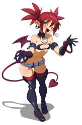  absurdres belt boots bracelet breasts choker collarbone demon_girl demon_tail demon_wings disgaea earrings etna_(disgaea) female flat_chest flowers-imh highres jewelry leaning_forward looking_at_viewer mini_wings navel o-ring o-ring_choker oerba_yun_fang open_mouth pointy_ears red_eyes red_hair red_tail red_wings shadow short_shorts shorts sidelocks skull_earrings small_breasts solo tail thigh_boots thigh_gap visible_air white_background white_belt wide_belt wings zettai_ryouiki 